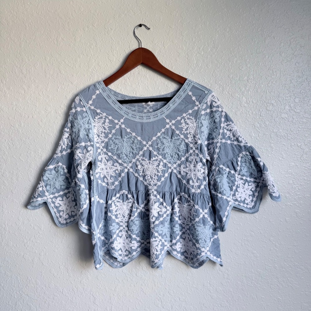 Anthro Kindred Embroidered Peasant Top Bell Sleeve Large Blue Boho Cottagecore